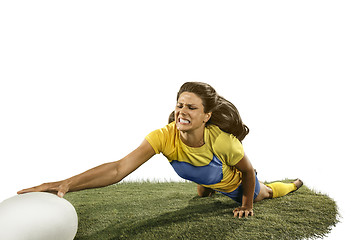 Image showing The young female rugby player isolated on white backround