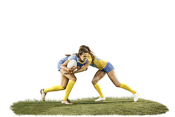 Image showing The young female rugby players isolated on white backround