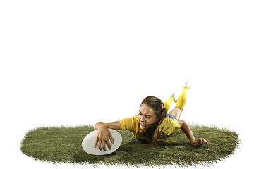 Image showing The young female rugby player isolated on white backround