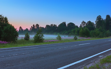 Image showing Empty Asphalt Road Among Misty Flowering Meadows In A Morning Tw