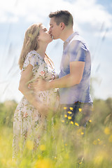 Image showing Young happy pregnant couple in love holding hands, relaxing in meadow.