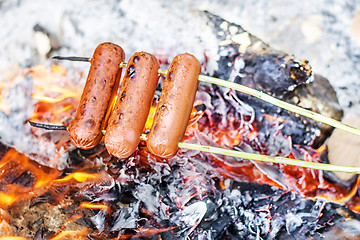 Image showing Grilling sausages over an open fire outdoors.