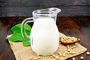 Image showing Milk soy in jug with beans on board
