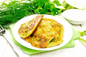 Image showing Pancakes of zucchini on napkin