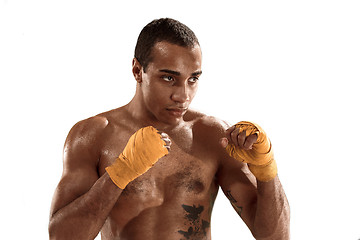 Image showing Sporty man during boxing exercise. Photo of boxer on white background