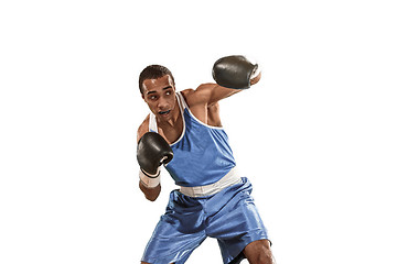 Image showing Sporty man during boxing exercise. Photo of boxer on white background