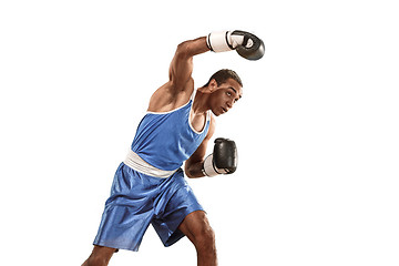 Image showing Sporty man during boxing exercise. Photo of boxer on white background