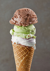 Image showing various ice cream balls in waffle cone