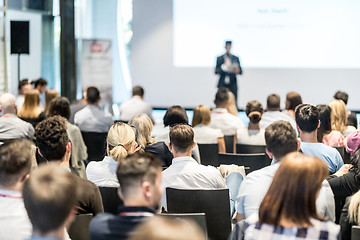 Image showing Male business speaker giving a talk at business conference event.