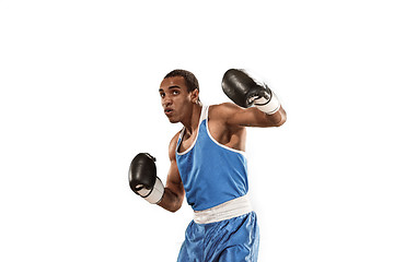 Image showing Sporty man during boxing exercise. Photo of boxer on white background