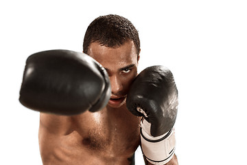 Image showing Sporty man during boxing exercise. Photo of boxer on white background