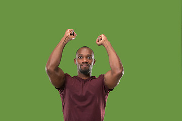 Image showing Winning success man happy ecstatic celebrating being a winner. Dynamic energetic image of male model