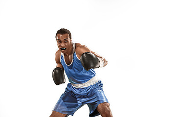 Image showing Sporty man during boxing exercise. Photo of boxer on white background