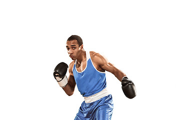 Image showing Sporty man during boxing exercise. Photo of boxer on white background