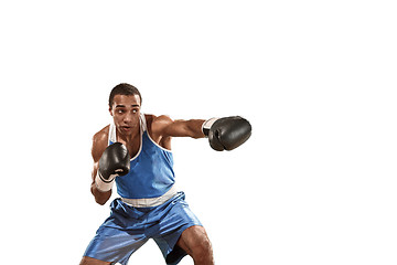 Image showing Sporty man during boxing exercise. Photo of boxer on white background