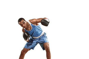 Image showing Sporty man during boxing exercise. Photo of boxer on white background