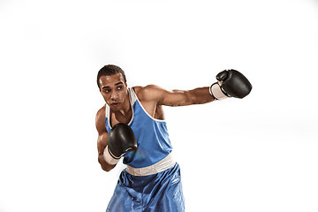 Image showing Sporty man during boxing exercise. Photo of boxer on white background