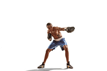 Image showing Sporty man during boxing exercise. Photo of boxer on white background