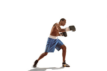 Image showing Sporty man during boxing exercise. Photo of boxer on white background