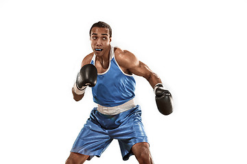 Image showing Sporty man during boxing exercise. Photo of boxer on white background