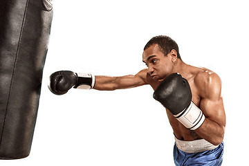 Image showing Sporty man during boxing exercise making hit. Photo of boxer on white background