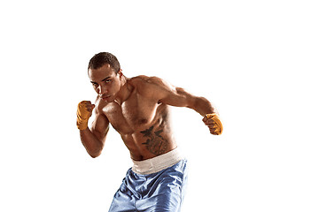 Image showing Sporty man during boxing exercise. Photo of boxer on white background