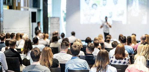 Image showing Male business speaker giving a talk at business conference event.