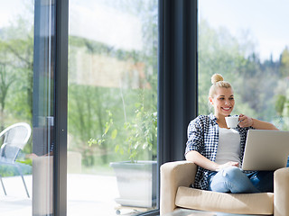 Image showing woman drinking coffee enjoying relaxing lifestyle