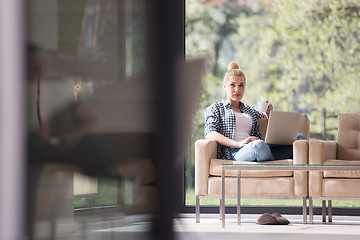 Image showing woman drinking coffee enjoying relaxing lifestyle