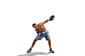 Image showing Sporty man during boxing exercise. Photo of boxer on white background