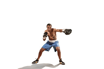 Image showing Sporty man during boxing exercise. Photo of boxer on white background