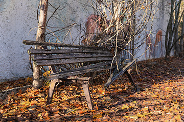 Image showing Old destroyed bench next to path