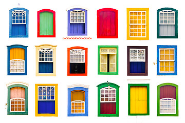 Image showing Collage of colorful rustic vintage wooden windows