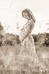 Image showing Beautiful pregnant woman in white summer dress in meadow full of yellow blooming flovers.