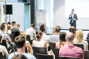 Image showing Male business speaker giving a talk at business conference event.