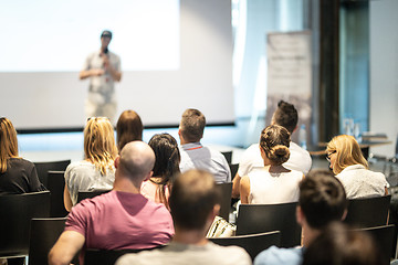 Image showing Male business speaker giving a talk at business conference event.