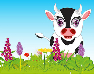 Image showing Pets animal cow grazes on year meadow