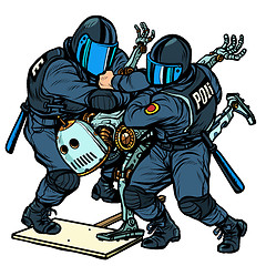 Image showing Fighting the future. Police arrest a protesting robot