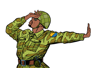 Image showing soldier in uniform shame denial gesture no. anti militarism pacifist