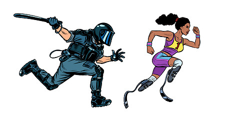 Image showing african female runner athlete with a disability. riot police with a baton