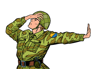 Image showing Caucasian soldier in uniform shame denial gesture no. anti militarism pacifist