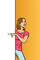 Image showing girl woman points to copy space poster advertising