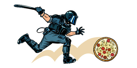 Image showing Italian pizza. riot police with a baton