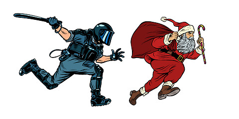 Image showing Santa Claus Christmas. riot police with a baton. discrimination against Christians