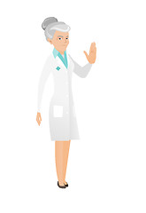 Image showing Caucasian doctor showing stop hand gesture.