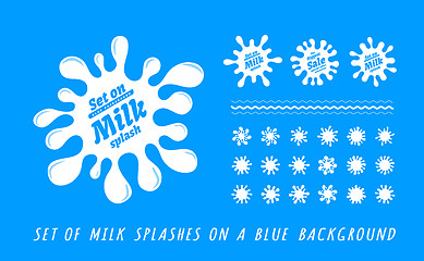 Image showing Set of milk splashes, spots, frames. Vector illustration on blue background