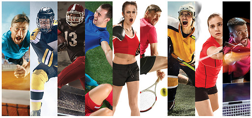 Image showing Sport collage about soccer, american football, badminton, tennis, boxing, ice and field hockey, table tennis