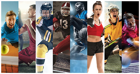 Image showing Sport collage about soccer, american football, basketball, tennis, boxing, ice and field hockey, table tennis