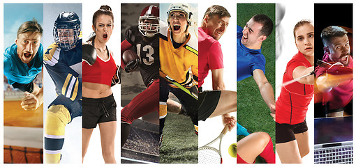 Image showing Sport collage about soccer, american football, badminton, tennis, boxing, ice and field hockey, table tennis