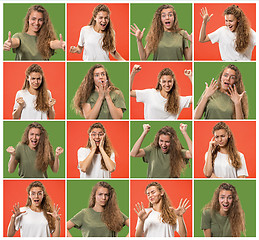 Image showing Collage about surprised and happy beautiful woman